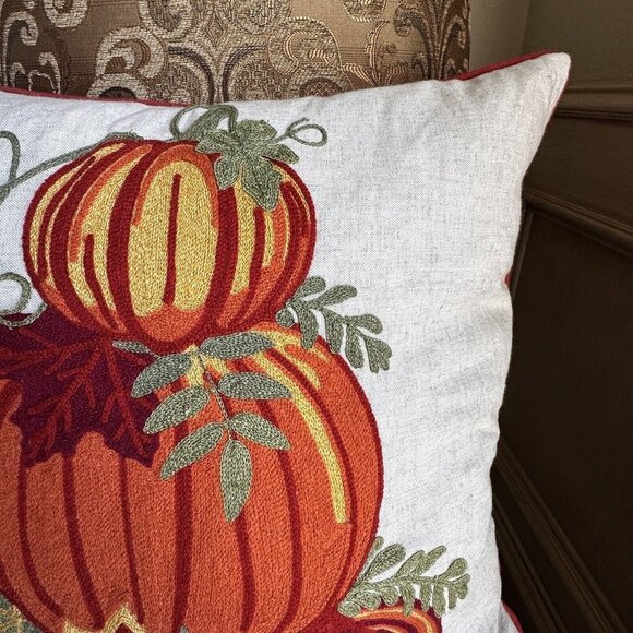 Envogue Decorative Pillow Pumpkin Patch Embroidered Down Fill 19" x 19" EUC - Picture 3 of 10